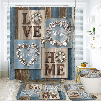 Rustic Wood Love Wreath 4-Piece Bathroom Shower Curtain & Rug Set