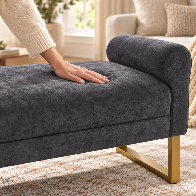 Banc ottoman Pocono en chenille avec pattes en métal doré et accoudoirs carrés, Dark Grey
