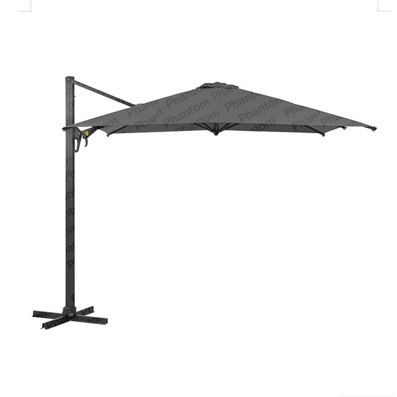 Grand parasol de patio en porte-à-faux carré gris de 10 pi avec rotation à 360 ° et réglage des mésanges et parasol de terrasse robuste à baldaquin en polyester sans base.