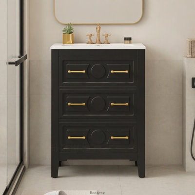 24'' Bathroom Vanity with Ceramic Sink Combo, Free Standing Single Vanity Set with 3 Drawers, Solid Wood Frame Bathroom Storage Cabinet