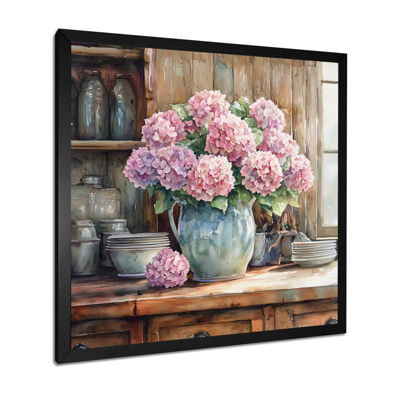 Hortensias à la ferme dans un vase en poterie II - art mural d'hortensias pour le salon, H 16 po x l 16 po