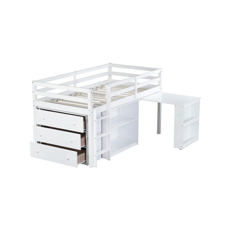 Lit mezzanine simple avec bureau coulissant et rangement, fini en bois d'hévéa blanc