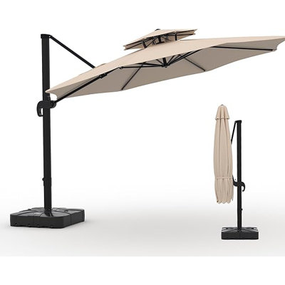 10x10 ft Round Cantilever Patio Umbrella with Base – 360° Rotation & Height Adjust, Heavy-Duty Aluminum Outdoor Umbrella for Garden & Poolside