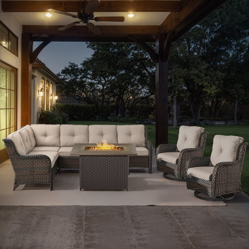 Red Barrel Studio Dahlyla Outdoor Wicker Sectional Seating Group with Fire Pit Table