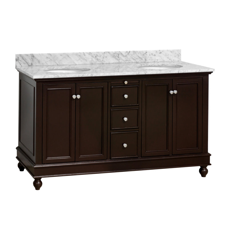 Ensemble de meuble-lavabo double 60 po Ferdinand, Chocolat, Marbre de Carrare