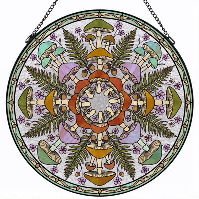 Mushroom Mandala Stained Glass Window Panel，7.8H