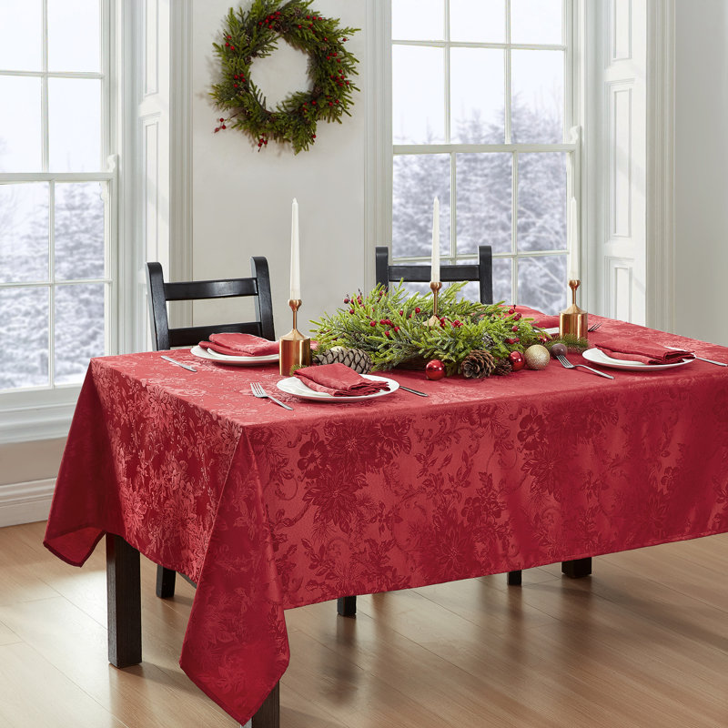 Tilghman Poinsettia Floral Woven Tablecloth, Red, 120" x 60"