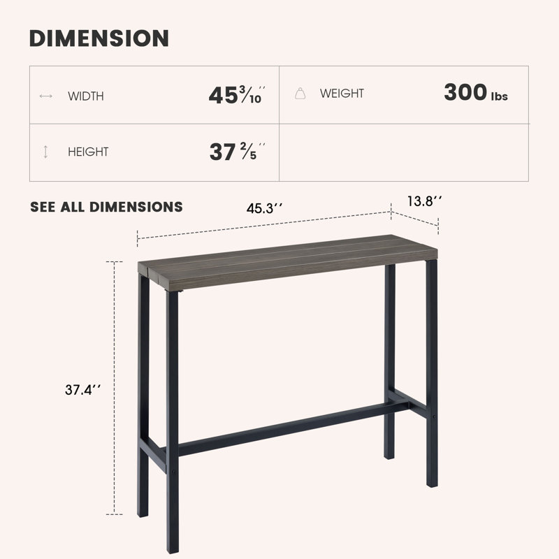 Roca Rectangular Steel Outdoor Bar Table, Gray