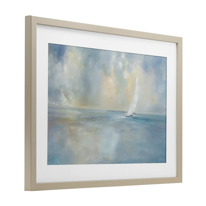 «Heading Out Voilier», reproduction sous verre, conception de Joanne Parent, H 14 po x l 20 po, Cadre de récolte en pin