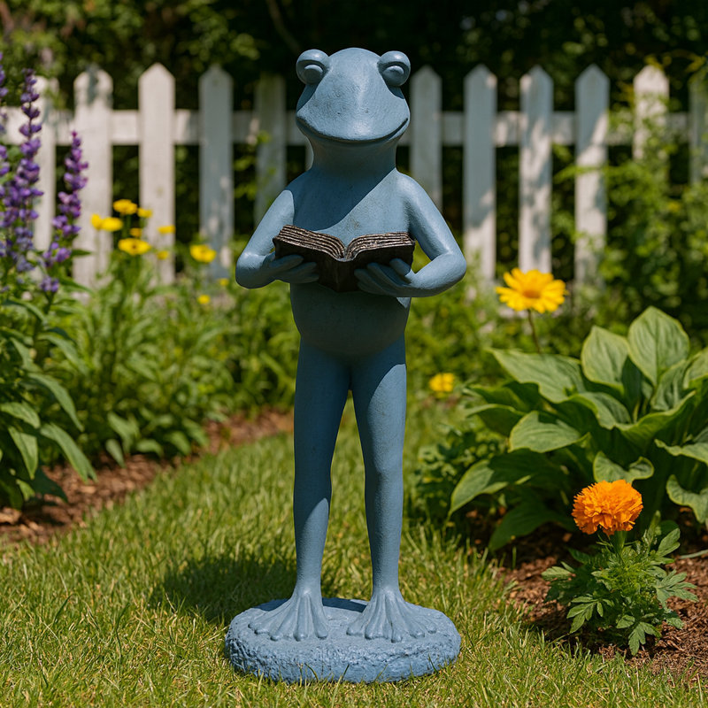 Statue d'extérieur littéral grenouille pour jardin - statue fantaisiste pour lecture de patio ou de jardin - 18 po, gris et brun
