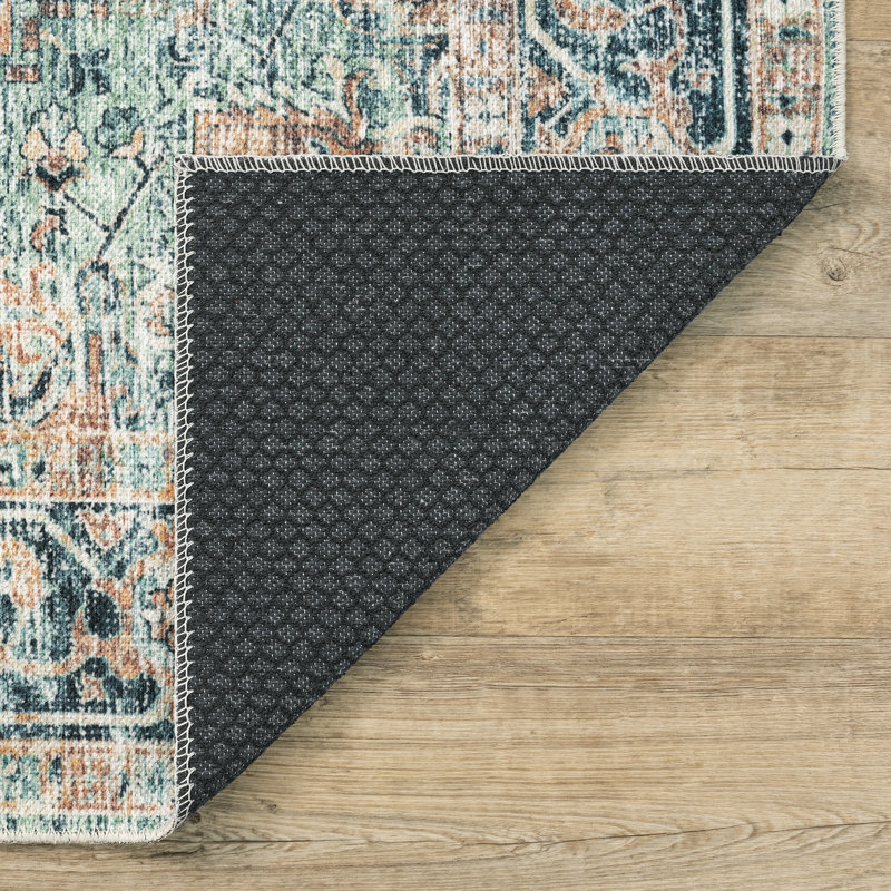 Washable Non-Slip Area Rug - Blue Green / Tangerine Traditional Oriental Area Rug, Rectangle 6' x 9'