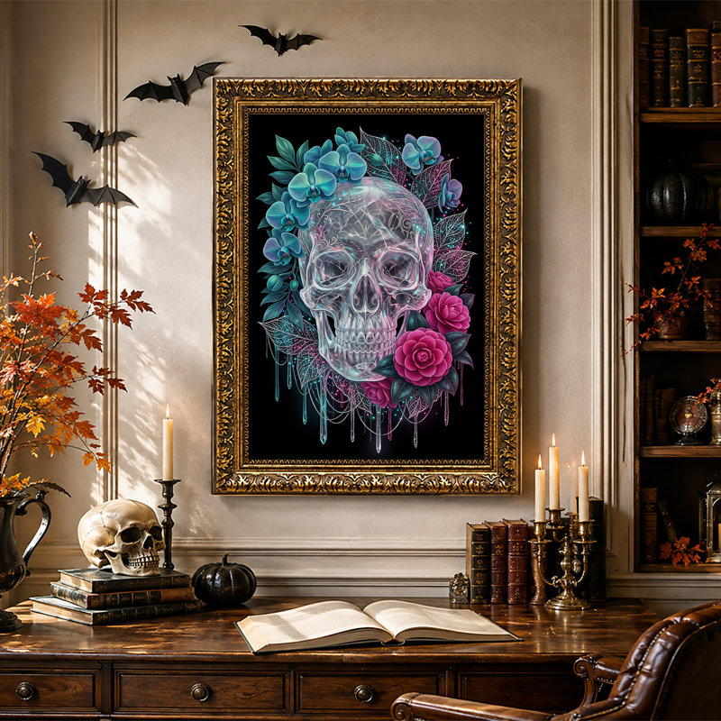 " Translucent Glowing Skull With Blue Orchids And Halloween " Painting, H 24 po x l 16 po