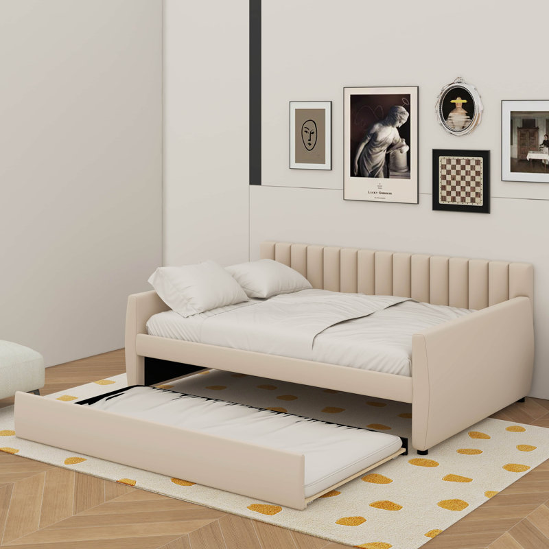Full Size Upholstered Daybed With Trundle, Beige