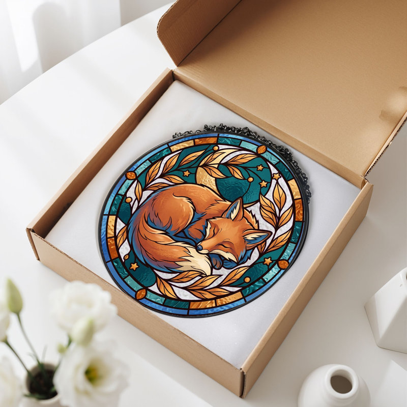 Sleeping Fox Stained Glass Window Panel，7.8H, 7.8"H