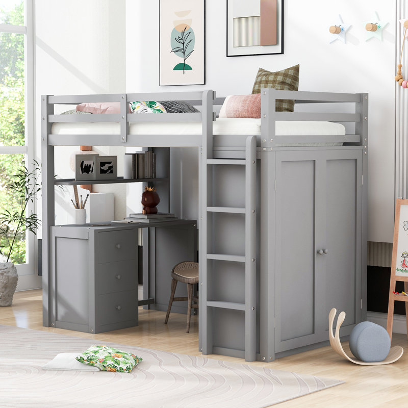 Lit mezzanine avec tiroirs, Gris, Simple