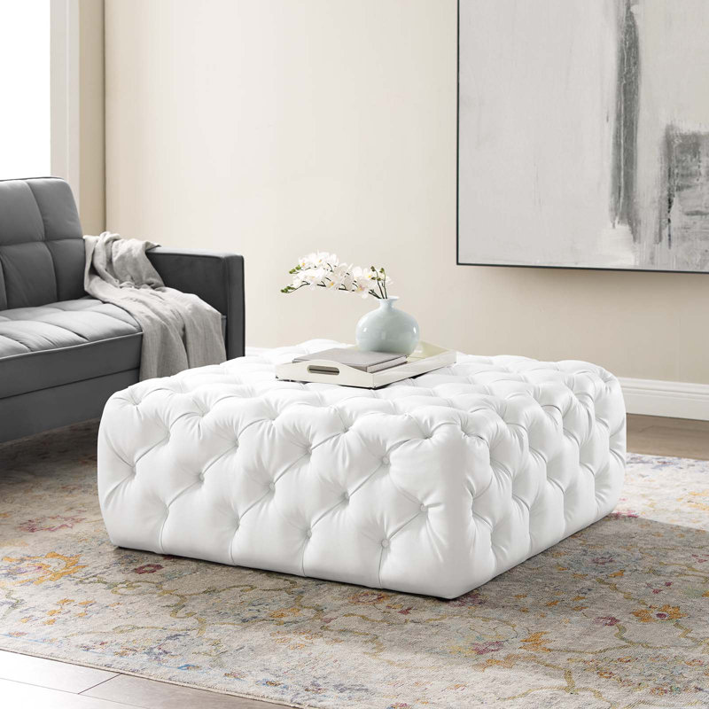 White Tufted Vegan Leather Large Square Ottoman