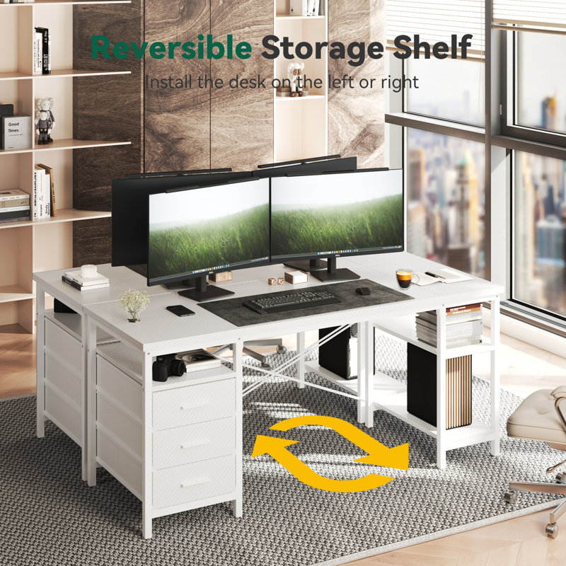 47" W Metal Base Computer Desk,Gaming Desk with 3 Fabric Drawers & Storage Shelves, Writing Work Study Desk for Home Office Bedroom, Modern Simple Student PC Desks Table