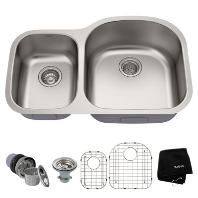 KRAUS Premier 32-inch L 16 Gauge Undermount 60/40 Double Bowl Stainless Steel Kitchen Sink