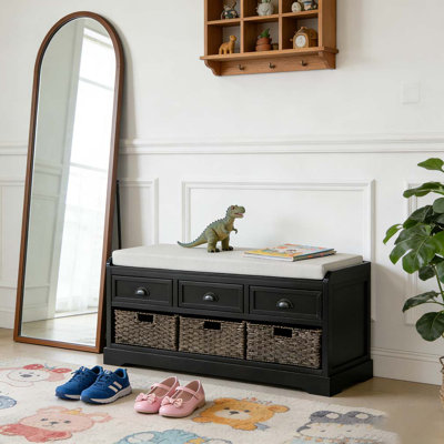 Wood Storage Bench with 3 Drawers and 3 Baskets