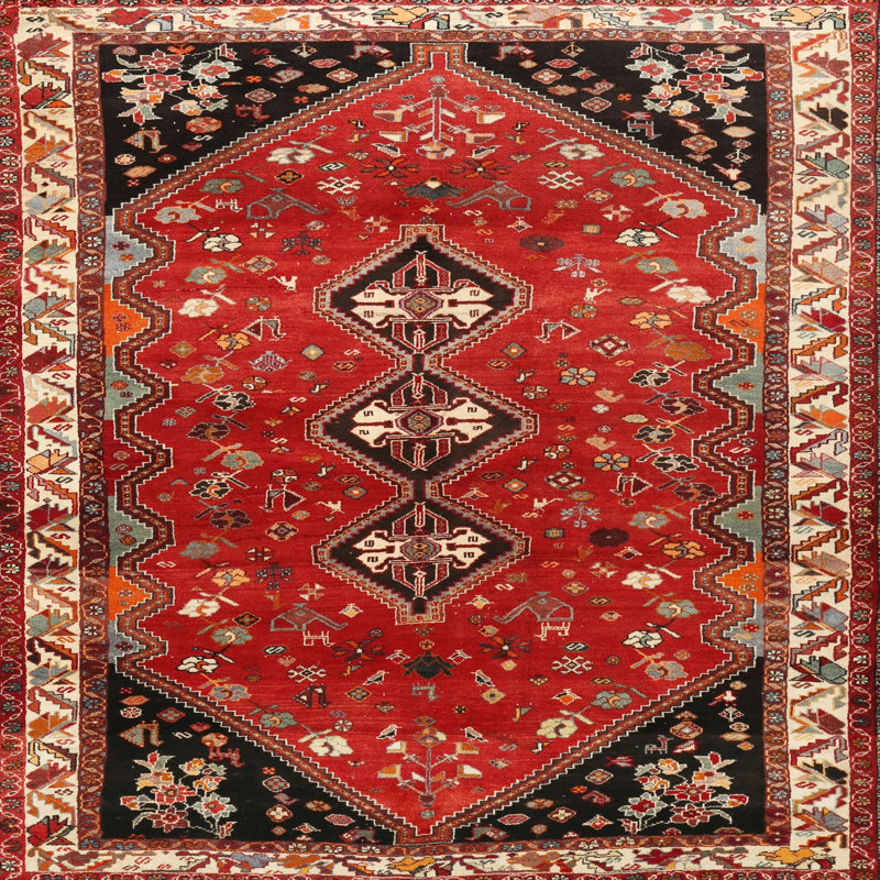 Tapis traditionnel rouge / beige / noir, Carré 5 pi