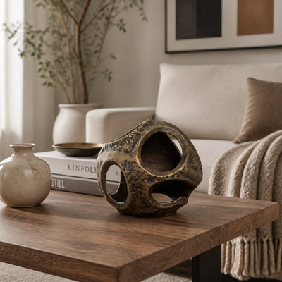 Decorative Spherical Aluminum Ball Sculpture For Home Decor - Modern Open-Work Object Accent For Living Room Shelf Or Table Decoration - 6", Bronze