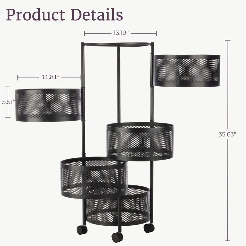 Chariot roulant de rangement pour la cuisine avec roulettes - 5 paniers rotatifs pour fruits et légumes pour l'organisation et le rangement de la cuisine - Chariot en métal pour le garde-manger, la salle de bain ou la salle de bricolage (Noir)