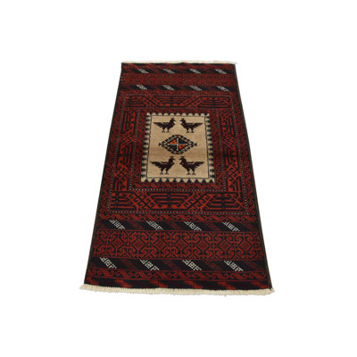 Tapis oriental rétro en laine rouge noué à la main 2 pi 11 po x 5 pi 4 po Tribal