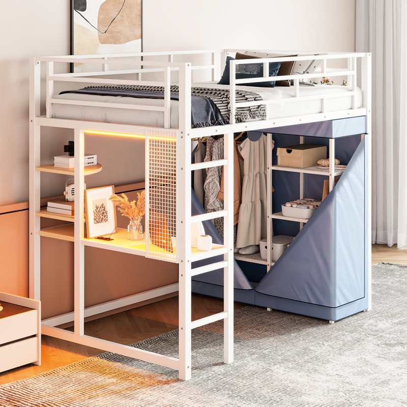 Lit mezzanine simple en métal avec bureau modulaire, prise de courant, DEL, tablettes et garde-robe - Maximisez l'espace personnalisable
