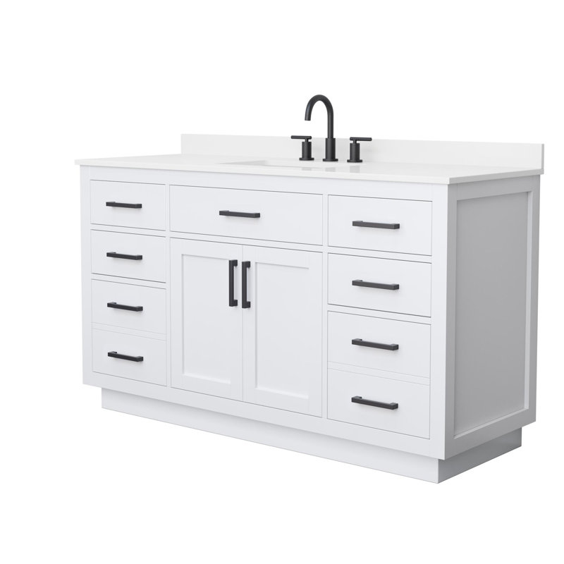 Beckett TK 60'' Bathroom Vanity with Quartz Top, White, Matte Black, 8" Center