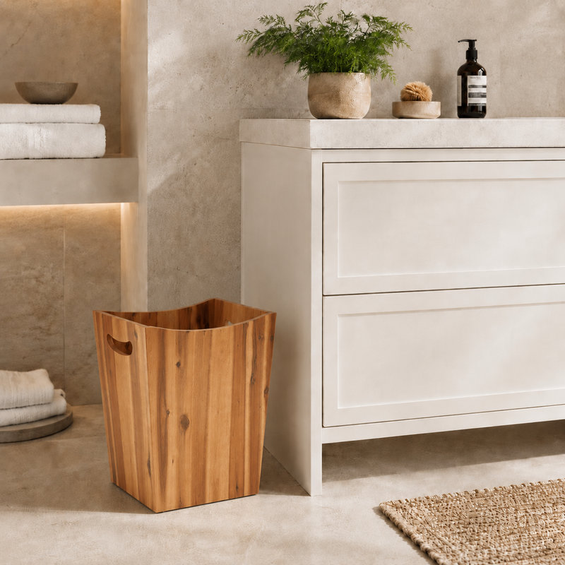 Solid Acacia Wood Decorative Waste Basket With Handles (2 Gallon) - Versatile Trash Can  for Home, Office, Bedroom & Bath