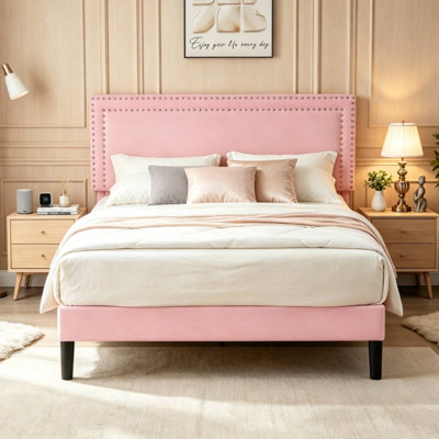 Queen Size Pink Velvet Upholstered Platform Bed with Adjustable Headboard, Modern Bed Frame with Wood Slats, No Box Spring Needed