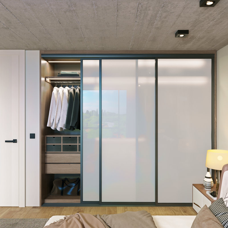 Cloison 3 panneaux coulissants en verre givré - structure en aluminium avec technologie Silent Glide, Noir mat, 72 po x 96 po