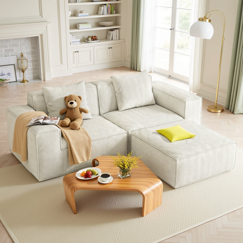 Canapé modulaire en forme de L 86,6 po Boneless, Velours côtelé blanc