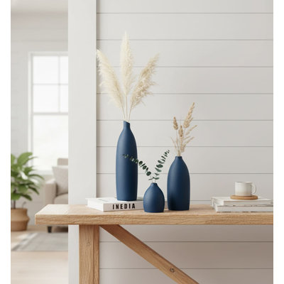 Blue & White Ceramic Vase Set - 3.1"L×3.1"W×11"H | Coastal Navy Home Decor for Table/Fireplace