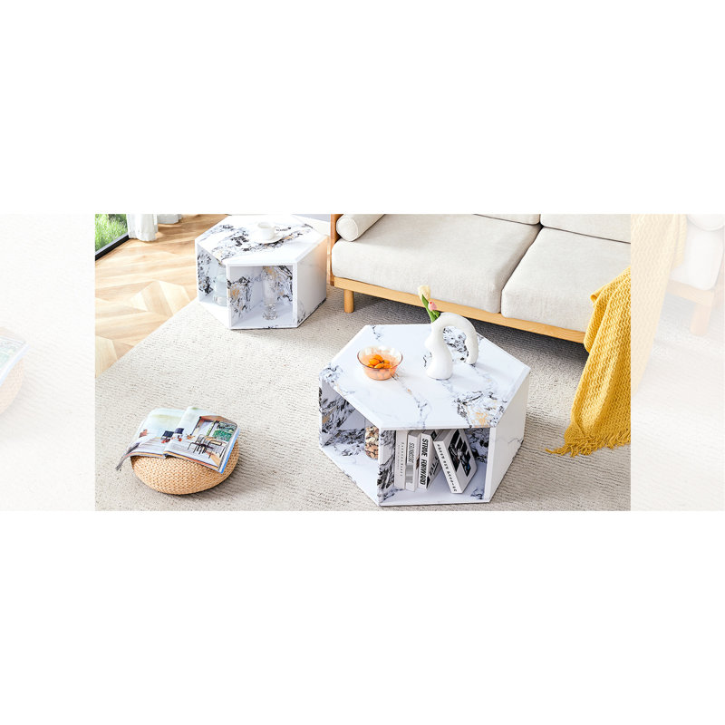 Table basse hexagonale tendance - motif blanc, rangement inclus avec structure à motifs, pratique
