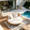 Outdoor Acacia Wood Round Daybed, Patio Lounger with Curved Slatted Backrest, Cushion and 4 Pillows