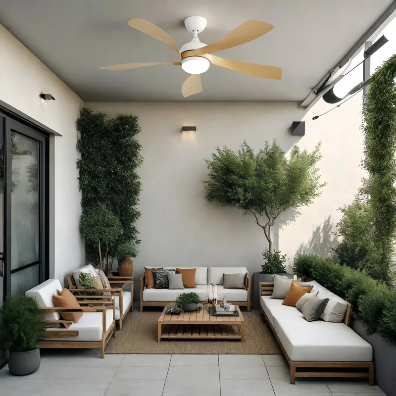 Prana 52'' Ceiling Fan with LED Lights, White with Oak Blades