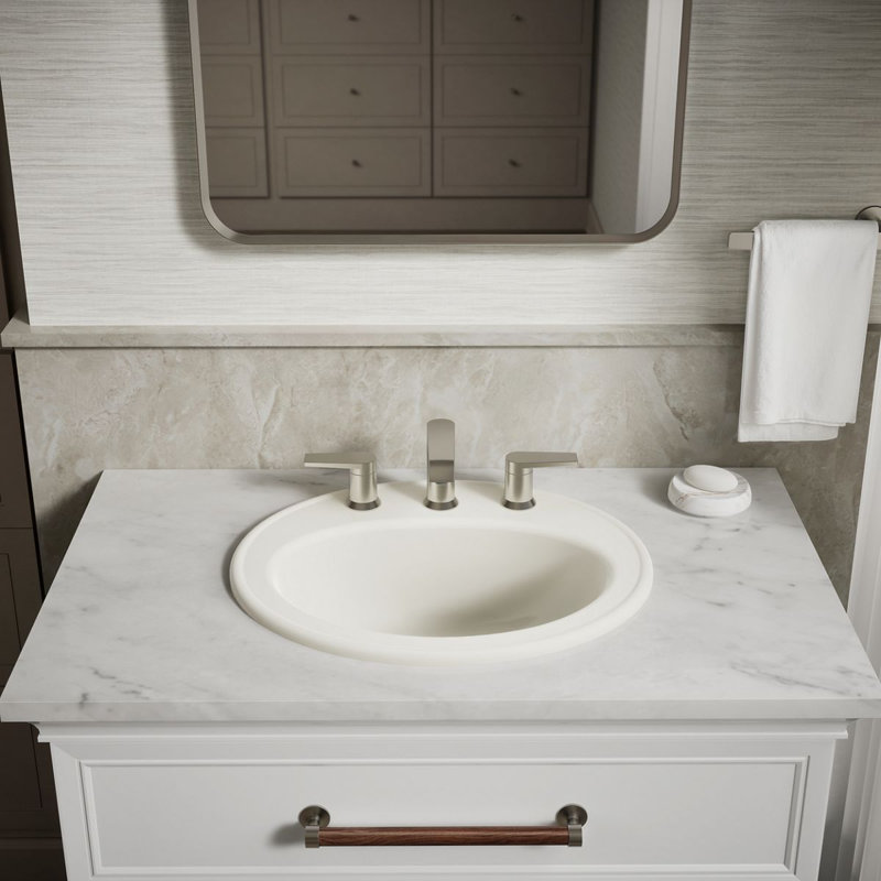 Pennington Ceramic Oval Drop-In Bathroom Sink with Overflow, 8'' Centers, Biscuit