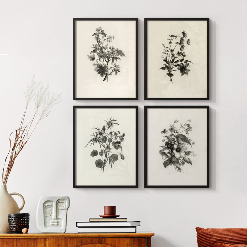 «Vintage Floral Print», impression encadrée, ensemble de 4, H 44 po x l 14 po, Noyer