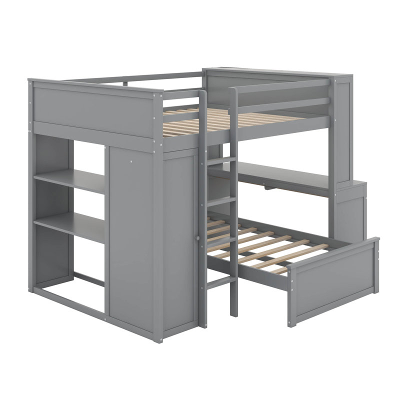 Lit mezzanine double avec lit autonome, bureau et garde-robe, Gris
