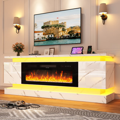 Meuble télé 70 po avec foyer électrique de 40 po - Console multimédia moderne avec deux lumières à DEL et prise de courant intégrée pour les téléviseurs de 65/75/80 po ou moins, centre de divertissement de jeu ultrabrillant, pour le salon
