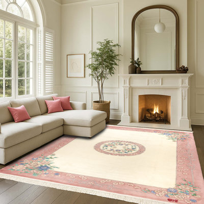 Tapis oriental oriental à bordure rose avec couronne rose et ivoire