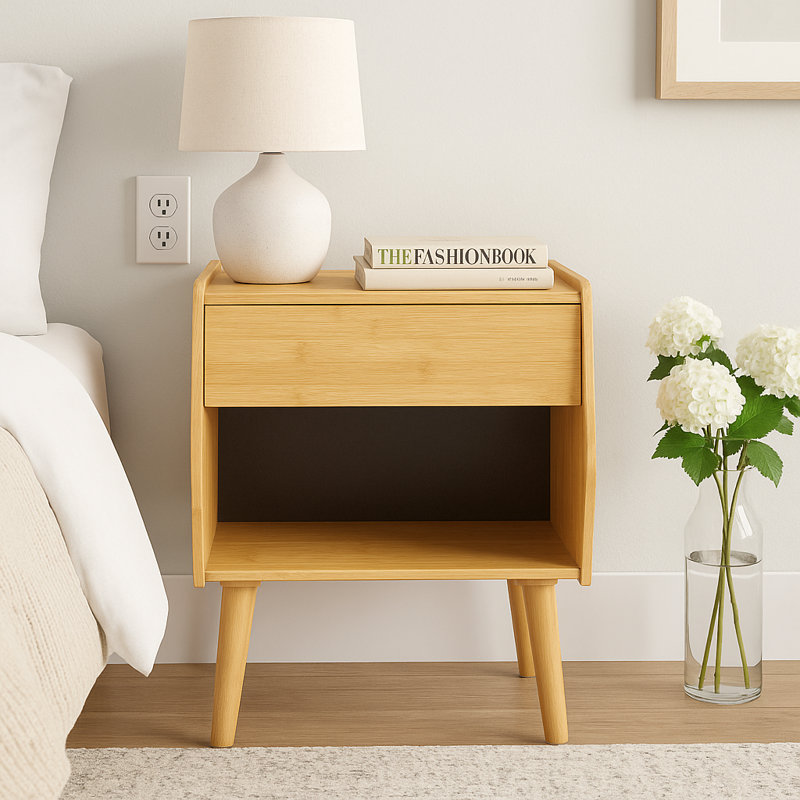 Nightstand With Drawer And Open Compartment, Solid Wood Legs, Bamboo