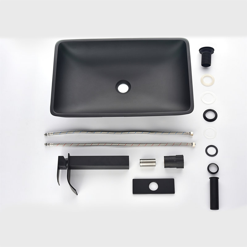 14.38" L -22.25" W -4-3/8 In. H Matte Shell  Glass Rectangular Vessel Bathroom Sink In Black With  Faucet And Pop-Up Drain In Matte Black