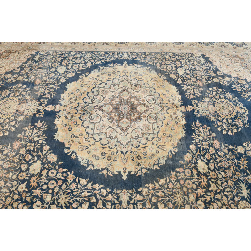 Grand tapis turc rétro bleu tissé à la main avec motif en médaillon idéal pour rehausser le décor de votre salon
