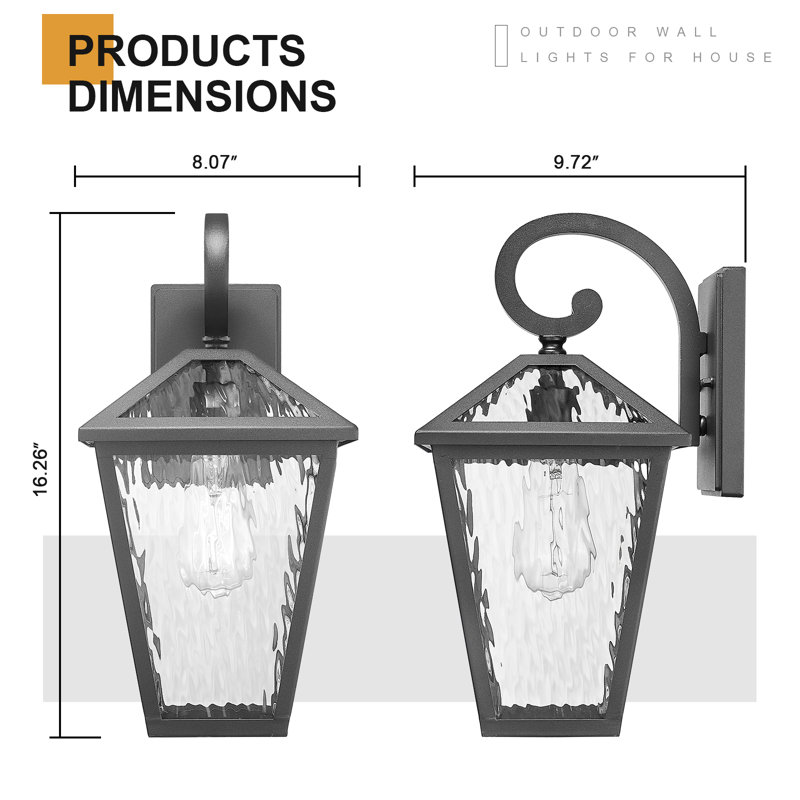 Lanterne murale d'extérieur 1 lumière noire 16,26 "avec verre ondulé