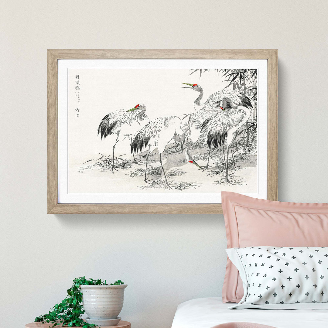 Japanese Cranes by the Bamboo by Numata Kashu - Framed Print
