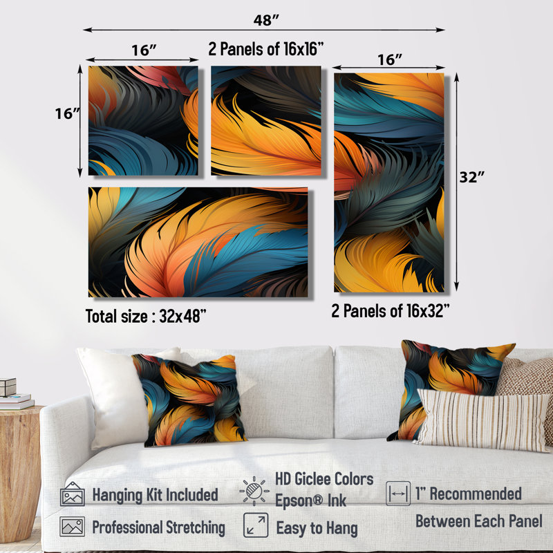 Plume orange et sarcelle élégance aviaire - art mural orange 4 pièces, Reproduction encadrée sans passe-partout, Noir