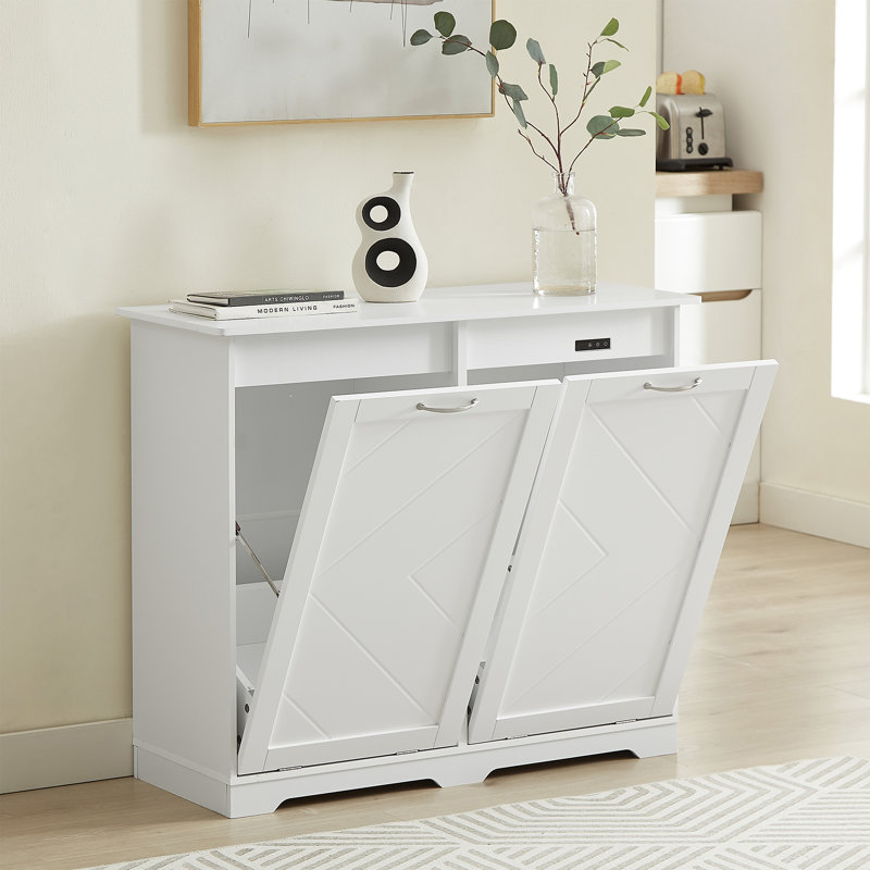 White MDF Wood Dual-Bin Tilt-Out Kitchen Trash Cabinet