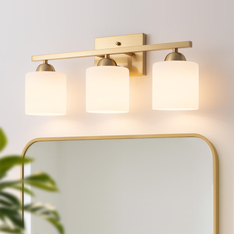3-Light Bathroom Vanity Light Fixture with Opal Glass Shades, Brushed Gold, 3